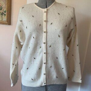 VTG Marisa Christina Cardigan Sz M Ivory Lambs Wool Angora Blend Beaded Granny